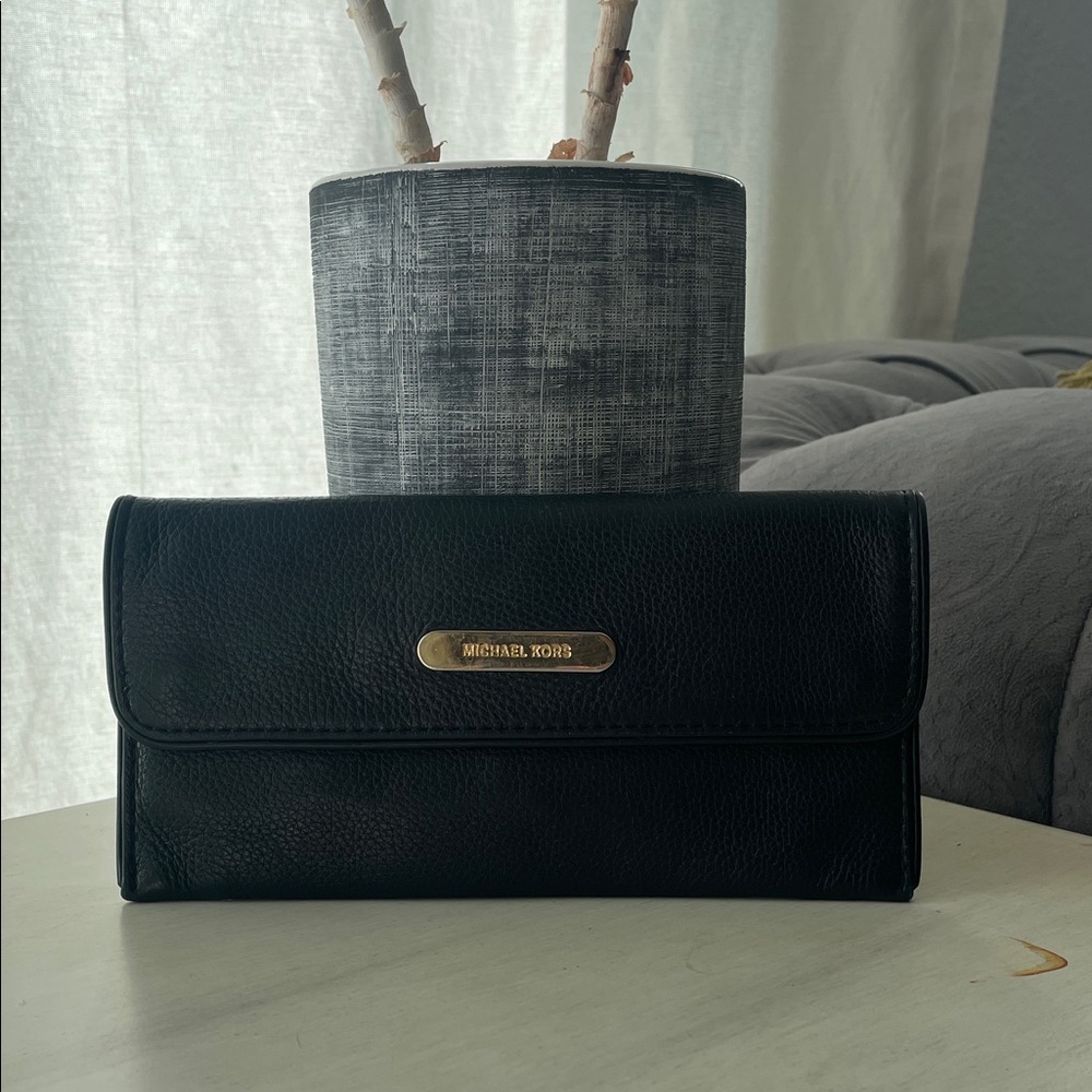 Michael Kors Black Leather Foldover Wallet with Gold Plaque